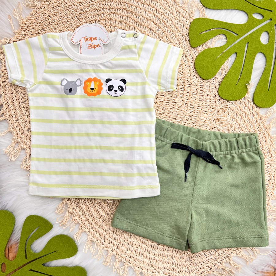 Conj. Camiseta Coala, Leão com Panda e Bermuda - Verde